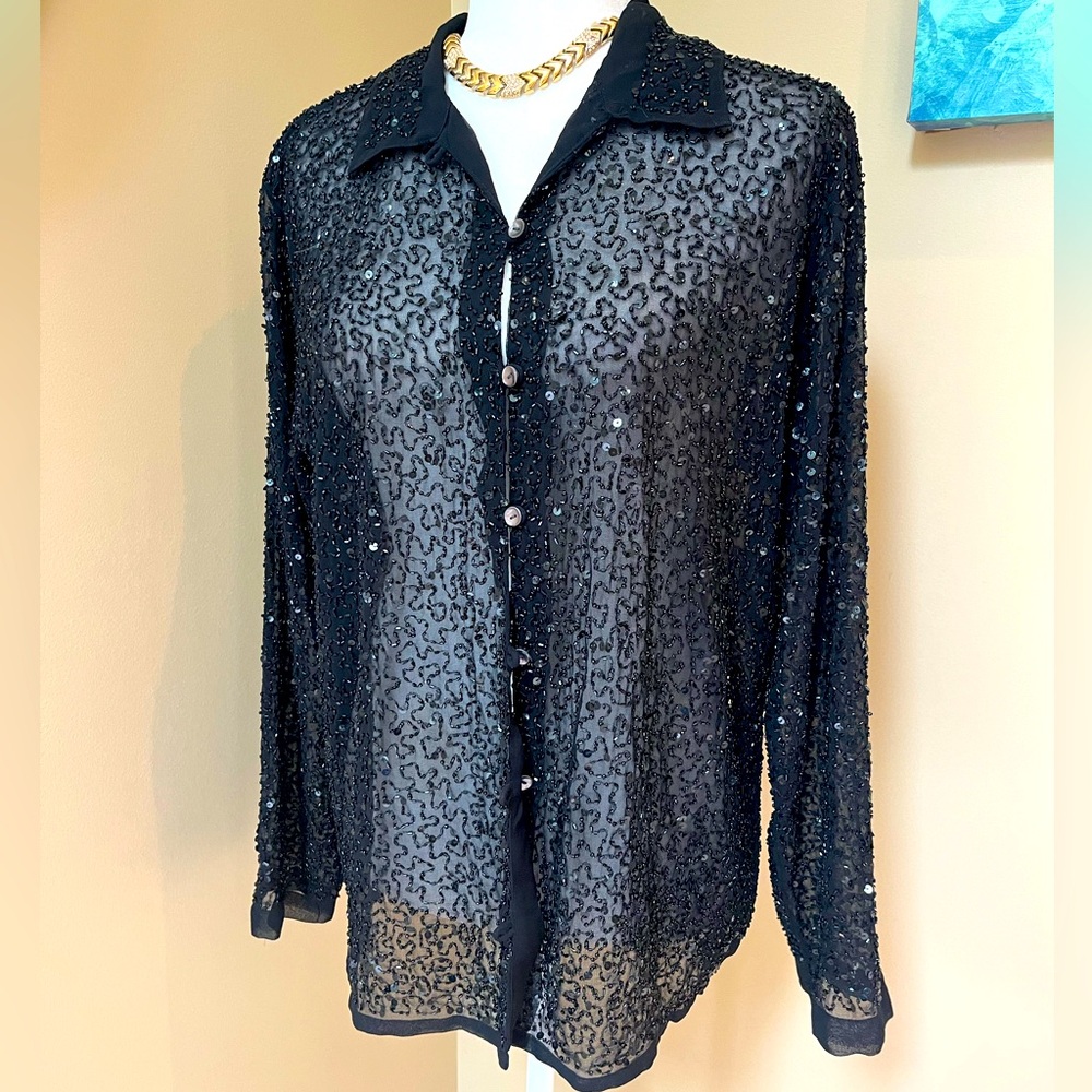 Vintage Chico’s Design 🖤 Black Evening Beaded Sequins Shirt Blouse Size S/M (1)